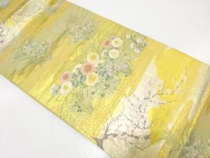 未使用品　本金箔　枝梅に菊・秋草模様織り出し　袋帯